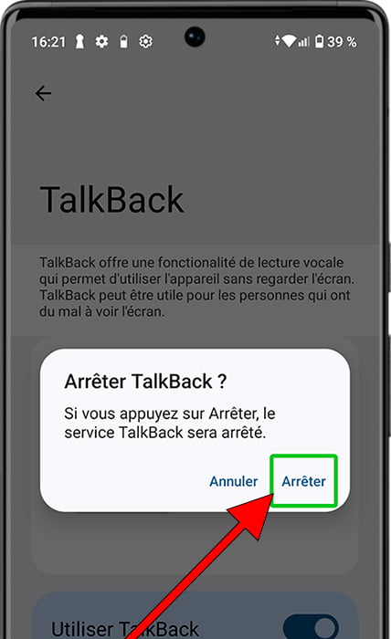 Bouton arrêter Talkback