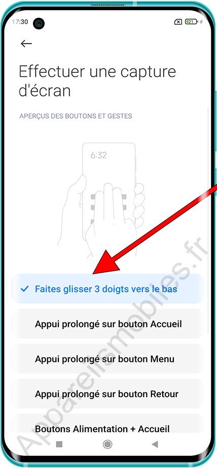 Capture d'écran avec trois doigts Xiaomi