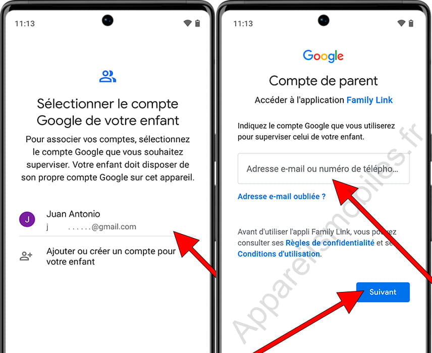 Compte Google dans le contrôle parental Android