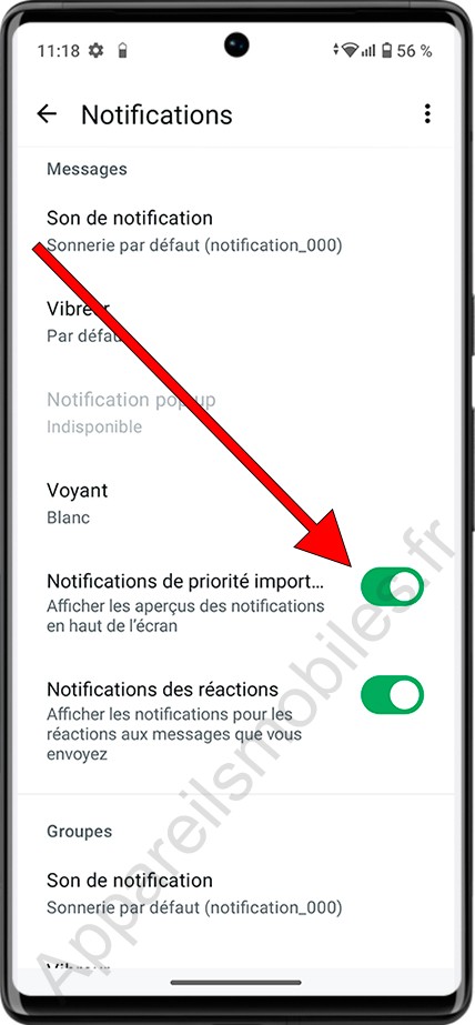 Notifications en haute priorité WhatsApp