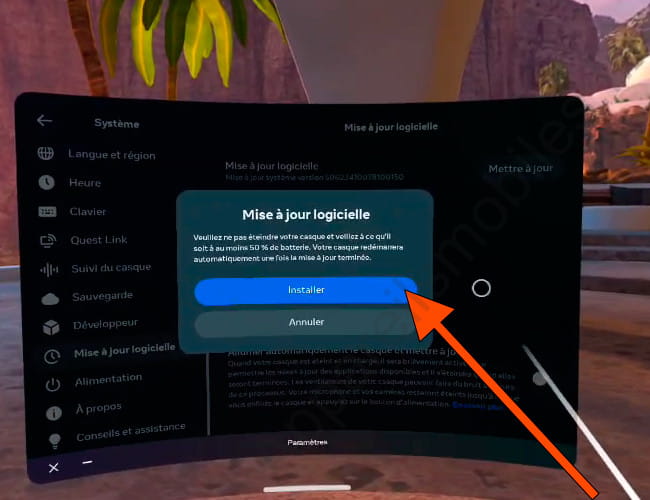 Confirmer l'installation de la mise à jour Meta Quest