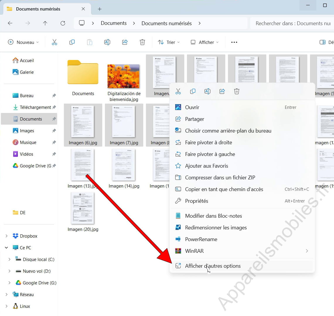 Clic droit pour afficher plus d'options Windows