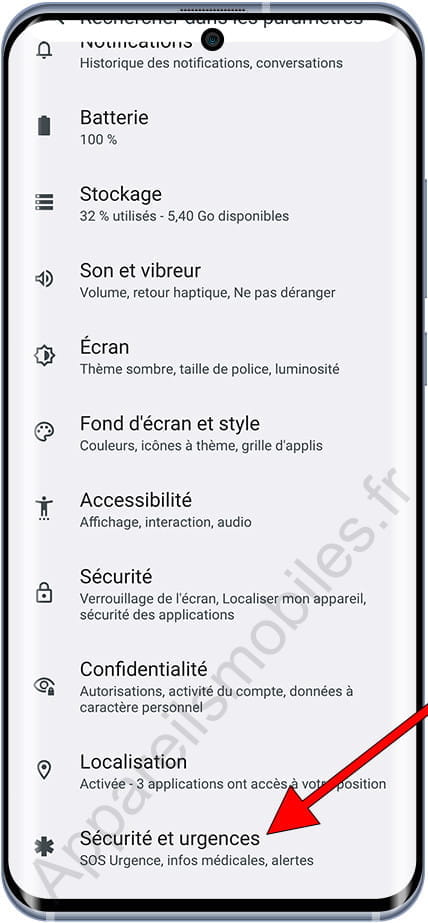 Securité et urgences paramètres  Android