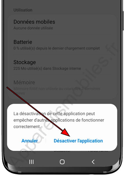 Message Désactiver l'application Samsung