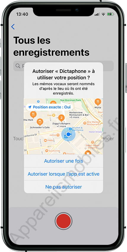 Autorisations de localisation de l'application Mémos vocaux