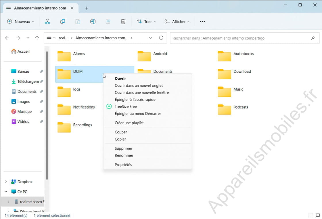 Menu contextuel de stockage
