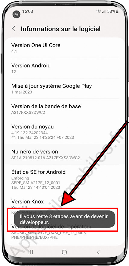 Appuyez pour activer le mode développeur sur Samsung
