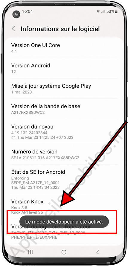 Mode développeur activé sur Samsung