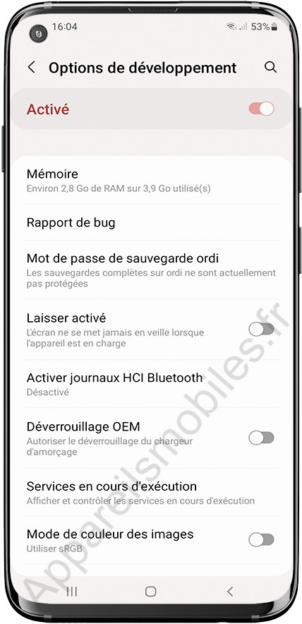 Options de développement Samsung activées
