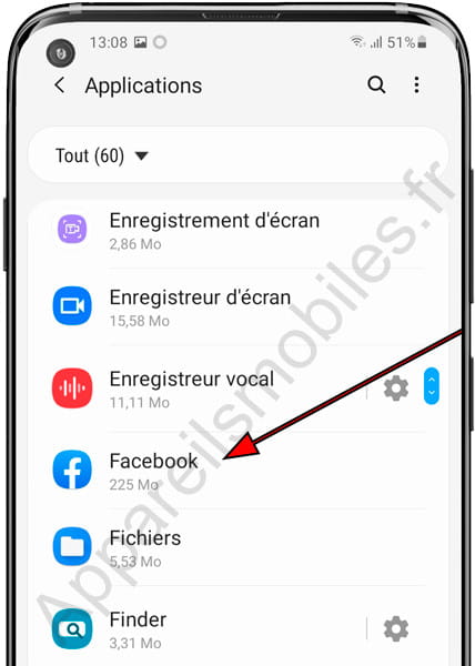 Liste des applications téléphone Samsung