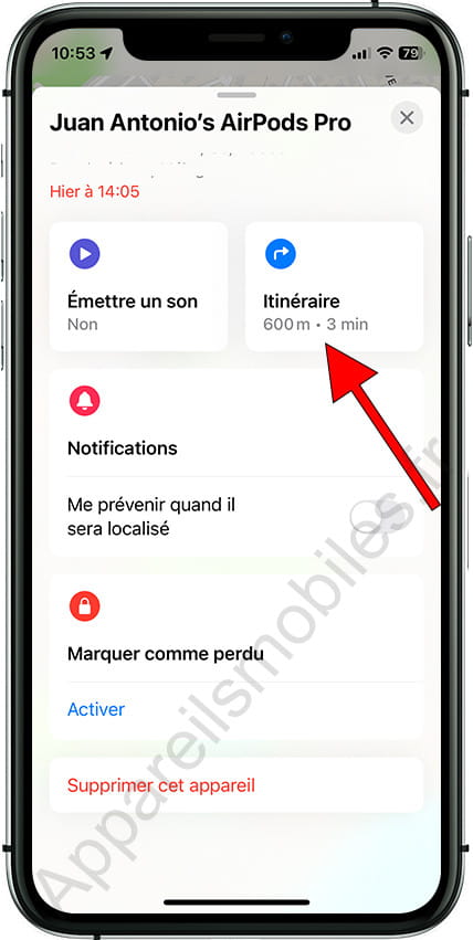 Itinéraire pour trouver les AirPod