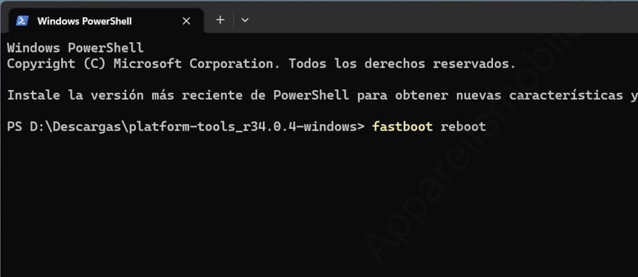 Fastboot reboot dans le terminal Windows