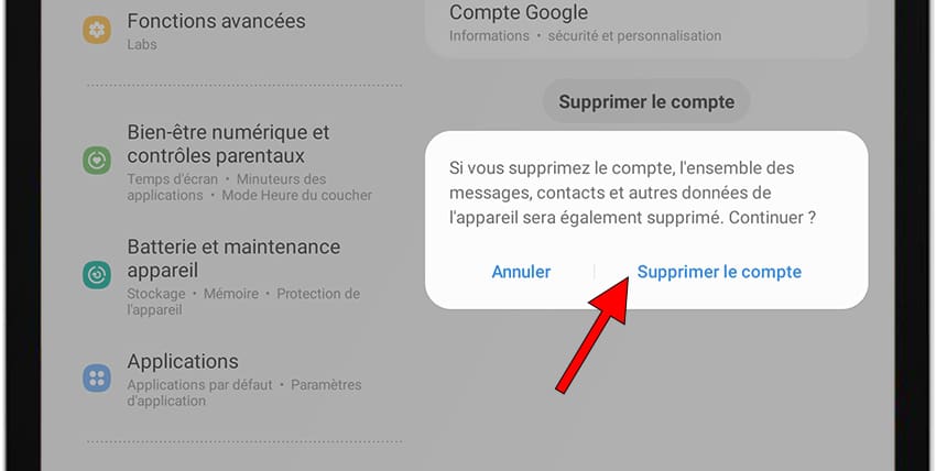 Confirmer supprimer compte Samsung