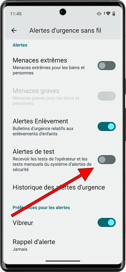 Activer ou désactiver les alertes de test Android