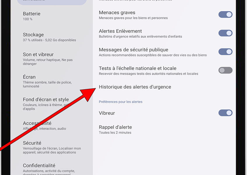 Historique des alertes d'urgence Android