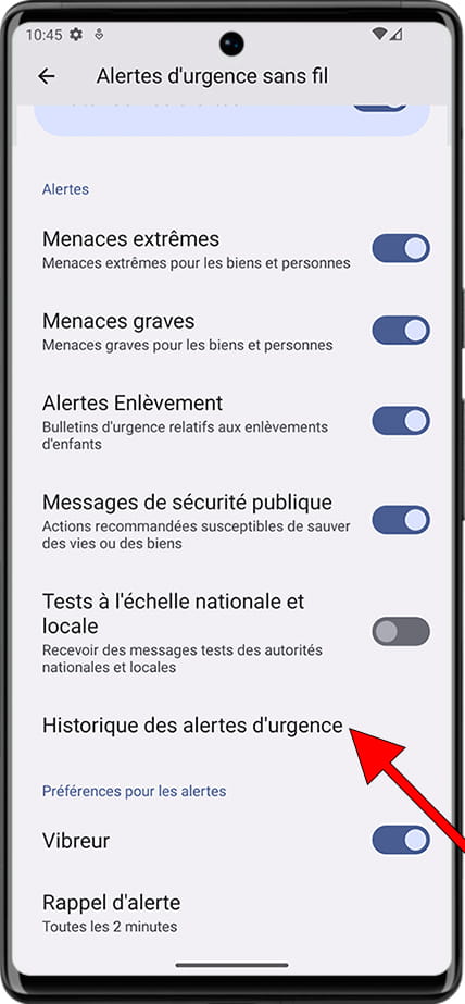 Historique des alertes d'urgence Android