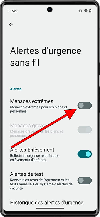 Activer ou désactiver les alertes de menaces extrêmes Android