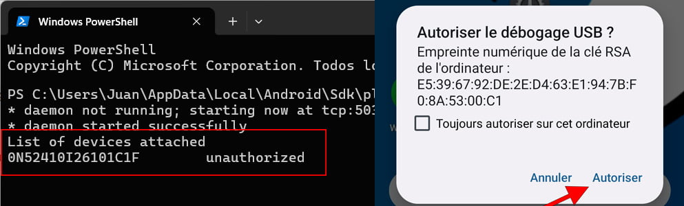 Autoriser le débogage USB