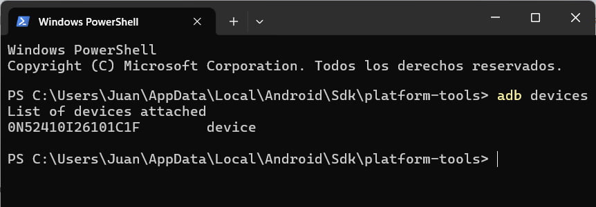 List of devices attached dans le terminal