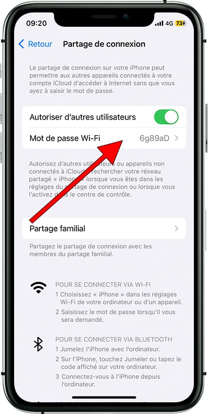 Mot de passe Wi-Fi partage de connexion