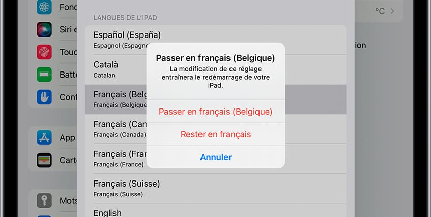 Confirmer modification langue iOS