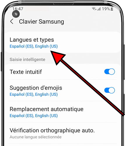 Langues et types Samsung