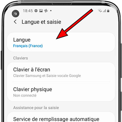 Menu des langues Samsung