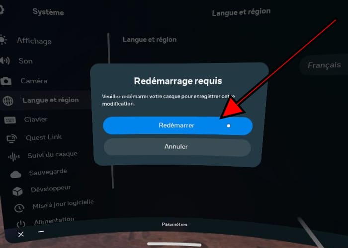 Message de redémarrage Oculus