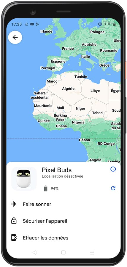 Carte de localisation des Pixel Buds (2020)