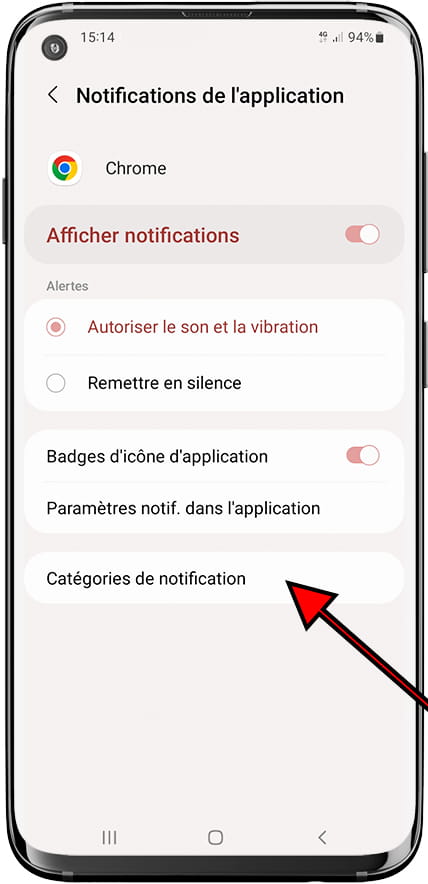 Catégories de notification Samsung