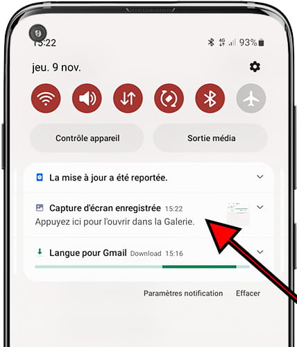 Ouvrir les options de notification Samsung