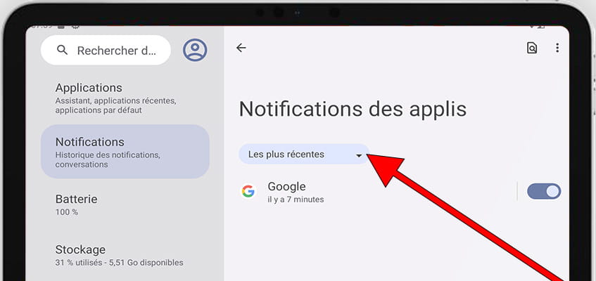 Notifications applications récentes Android
