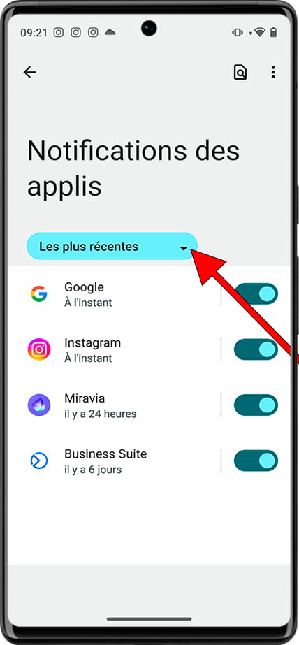 Notifications applications récentes Android