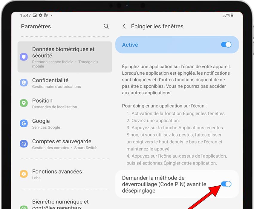 Activer épinglage d'écran Samsung