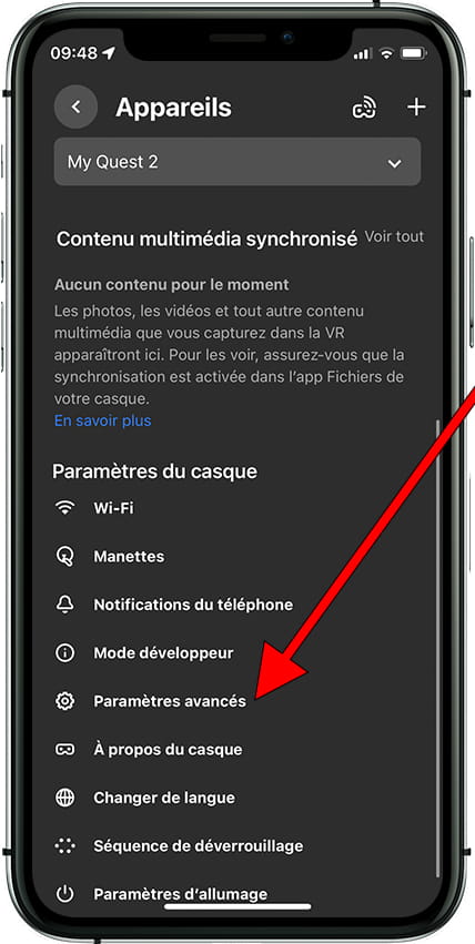 Paramètres avancés application Oculus