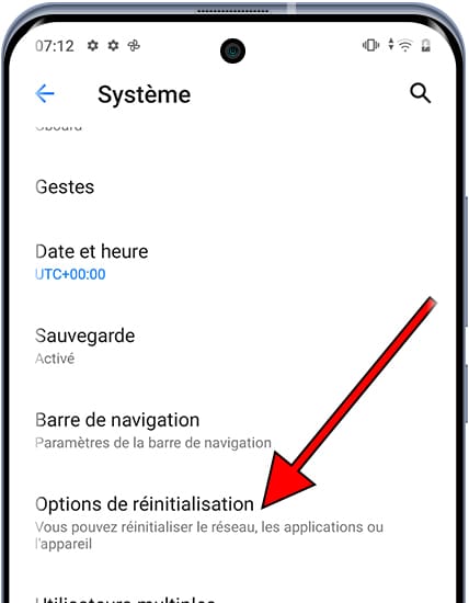 Options de réinitialisation Android