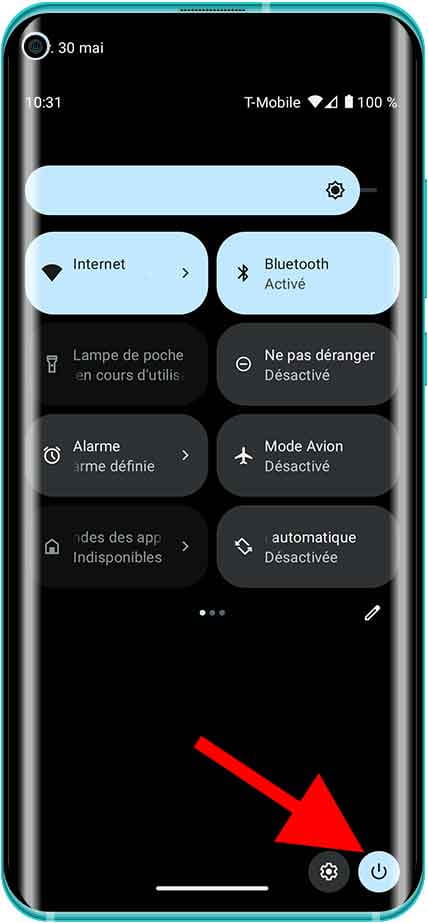 Bouton d'arrêt sur le panneau rapide Android