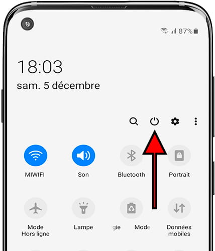 Bouton d'arrêt/redémarrer sur le panneau rapide Android