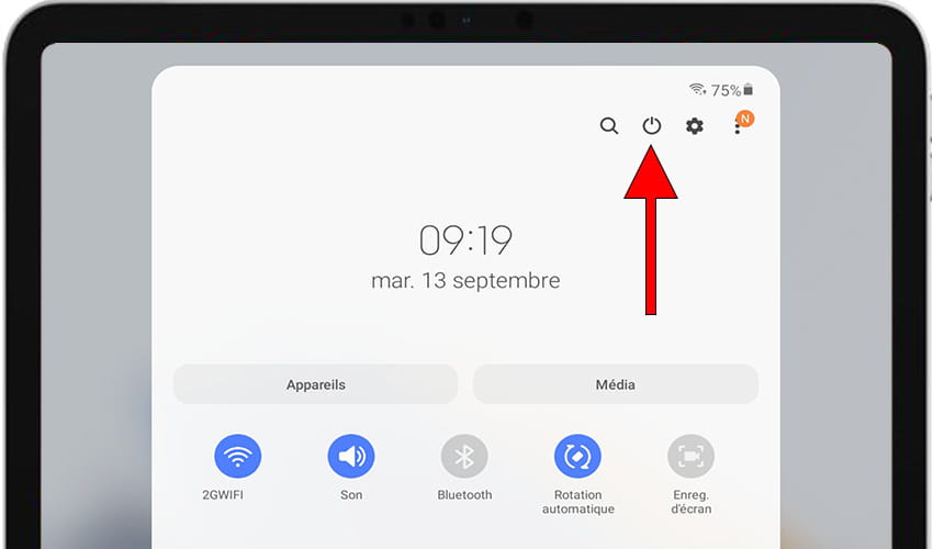 Bouton d'arrêt/redémarrer sur le panneau rapide Android
