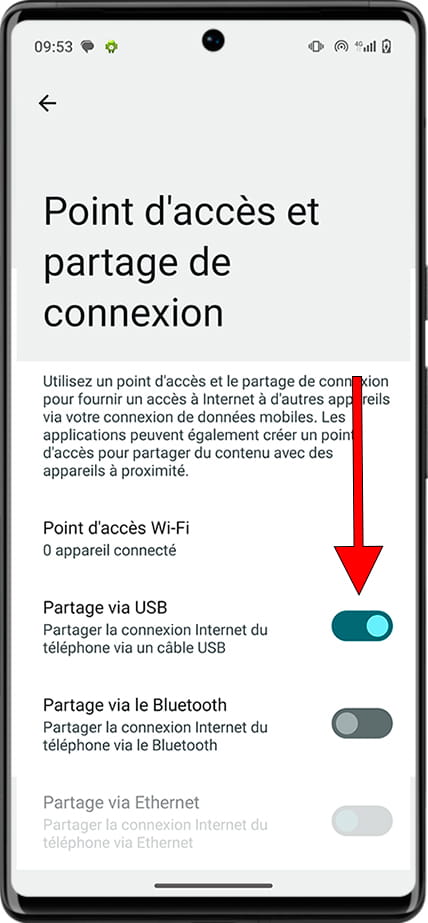 Partage via USB Android