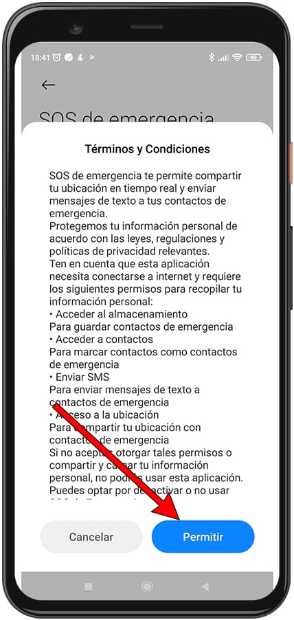 Autoriser les termes et conditions SOS Xiaomi