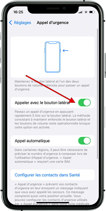 Appel d'urgence avec bouton latéral iPhone 16