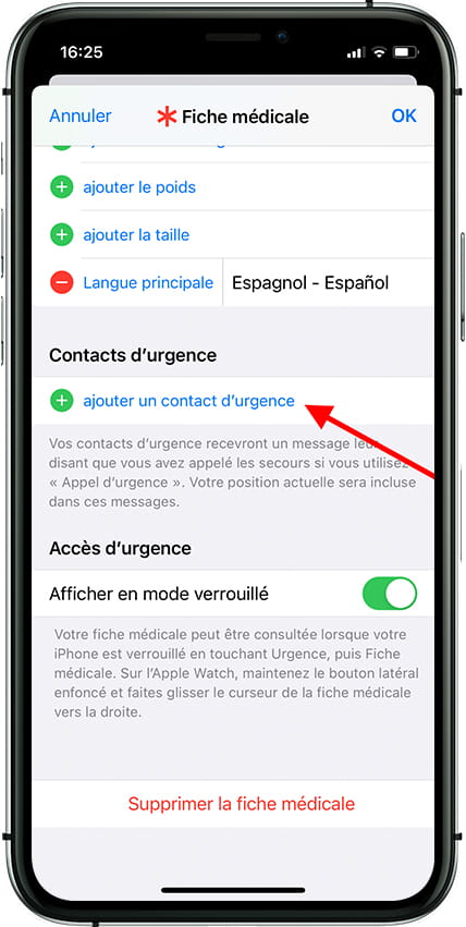 Ajouter des contacts d'urgence iPhone