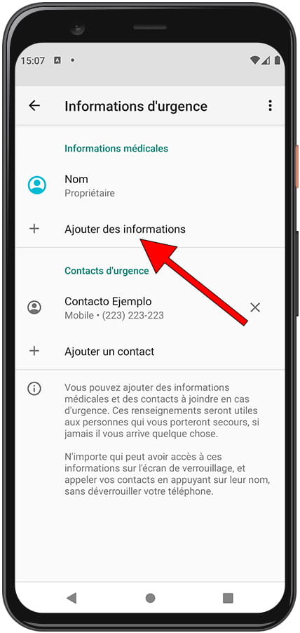 Ajouter des informations d'urgence Android
