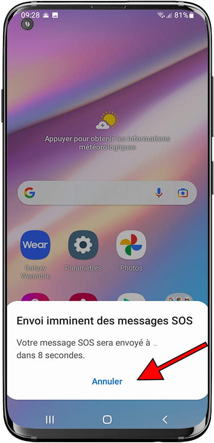 Appel d'urgence et message Samsung