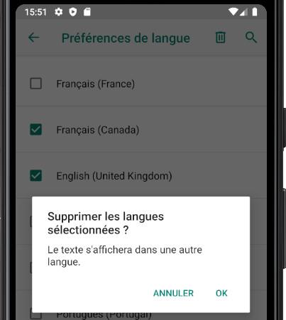 Confirmer la suppression des langues Samsung