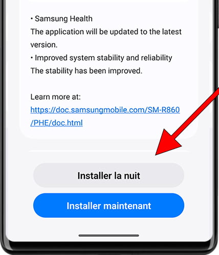 Installer la mise à jour depuis Samsung Wearable