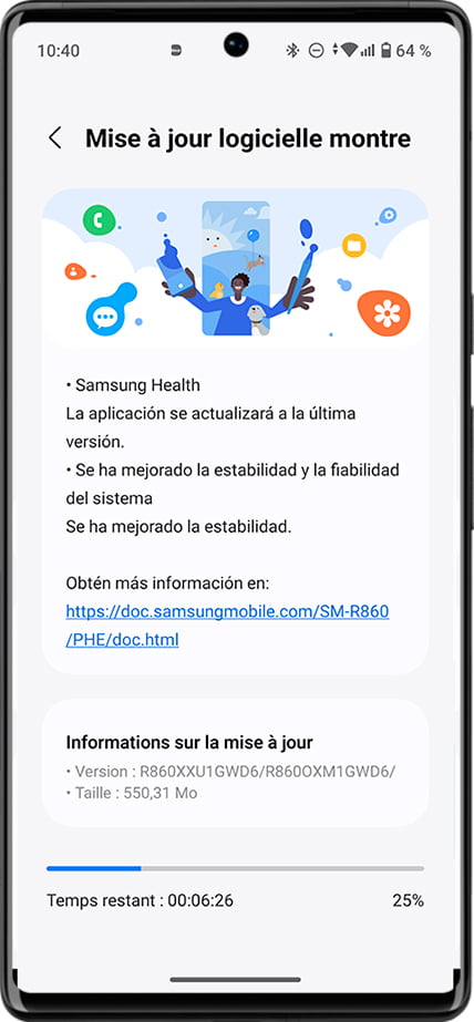Téléchargement de la mise à jour depuis Samsung Wearable